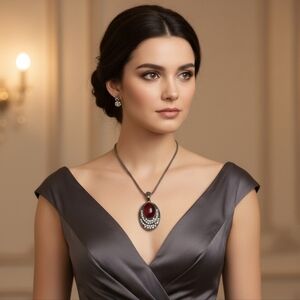 Vintage Victorian Style Lucite Cabochon Necklace Silver Tone Rhinestone Station